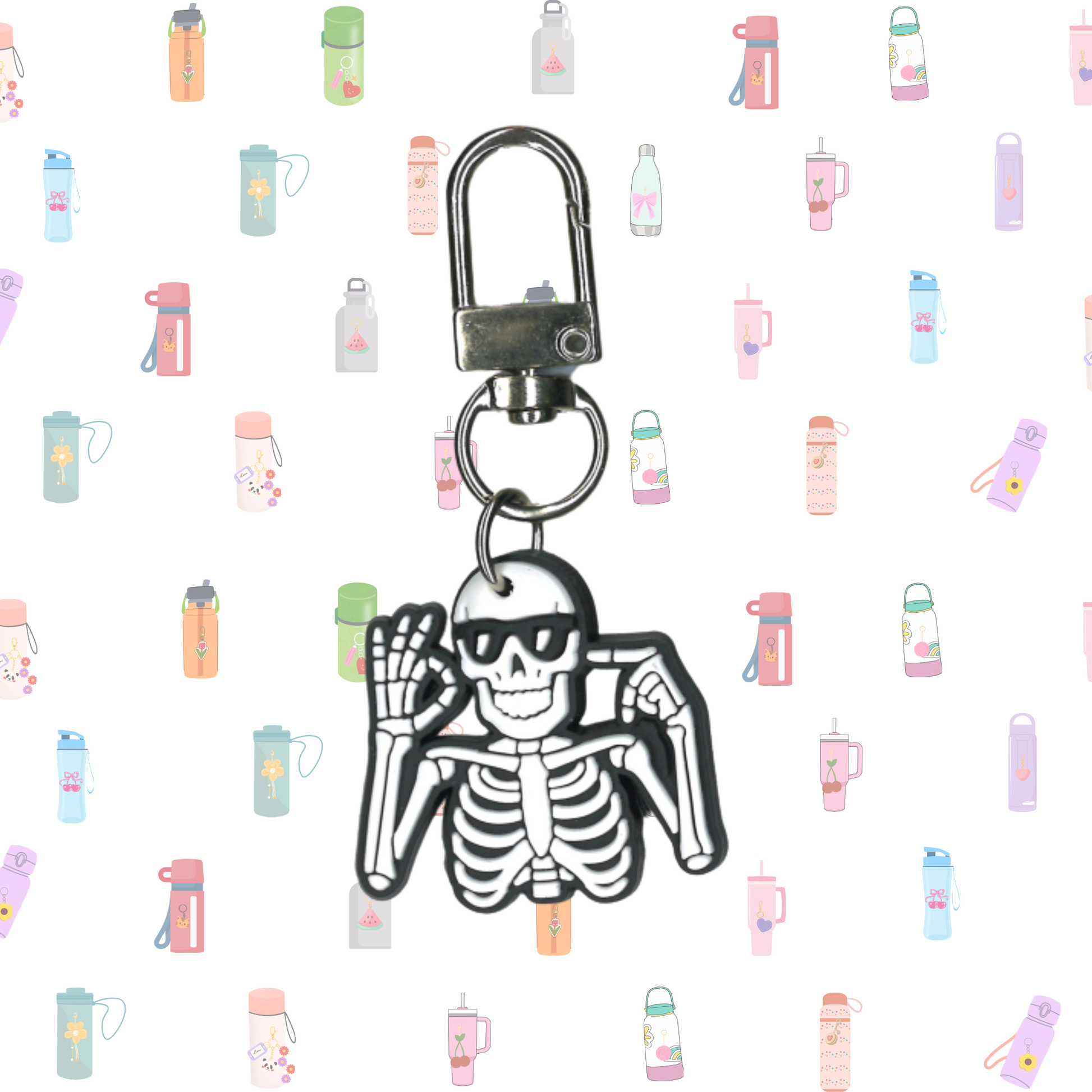 Skeleton keychain with sunglasses on a white background with colorful water bottles.