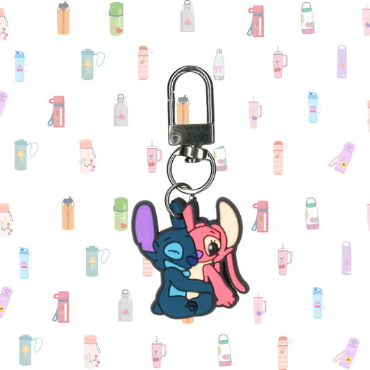Keychain with cartoon characters on a patterned background